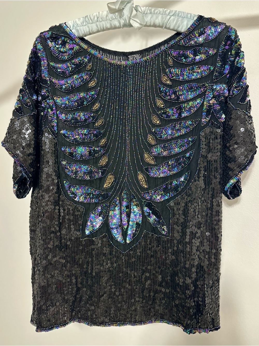 VNTG Black Sequin Beaded Top with Iridescent Accents M/L. 100% silk.